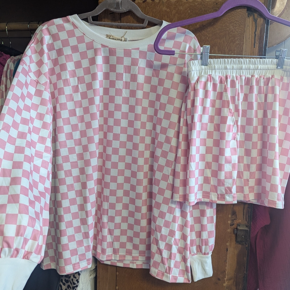 Women's Pink and White Checkered Pajama Set